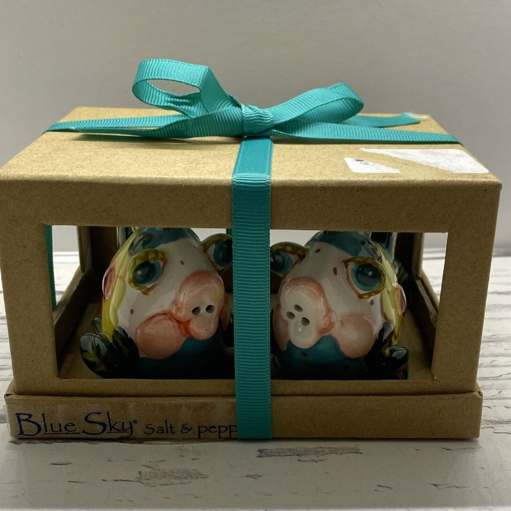 Blue Sky Kissing Fish Flowers Ceramic Salt & Pepper Shakers Miss Lorelei NIB